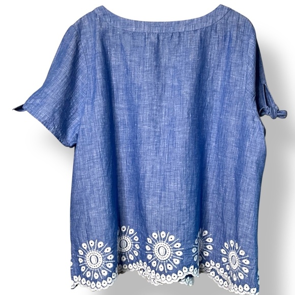 TALBOTS Linen Cotton Blend Chambray Embroidered Flared Top Tie Sleeves US Sz 2X - Picture 4 of 9